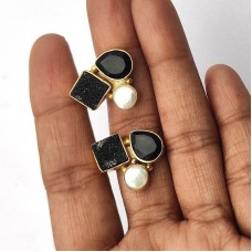 Black Druzy Onyx Pearl Gold Plated Fashion Stud Earrings 6.35 Gms